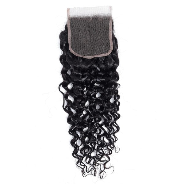 Premium #1B Natural Black Water Wave Bundles with 4×4 Lace Closure | 100% Human Hair