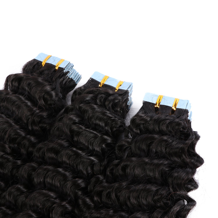 Premium #1B Natural Black Deep Curly Tape In Hair Extensions | 100% Human Hair