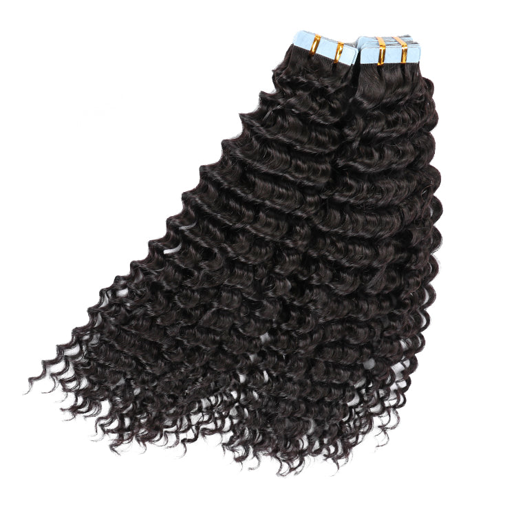 Premium #1B Natural Black Deep Curly Tape In Hair Extensions | 100% Human Hair