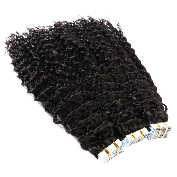 Premium #1B Natural Black Deep Curly Tape In Hair Extensions | 100% Human Hair