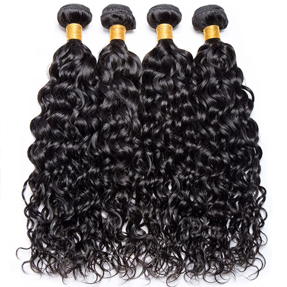 Premium #1B Natural Black Water Wave Bundles with 13×4 Frontal | 100% Human Hair